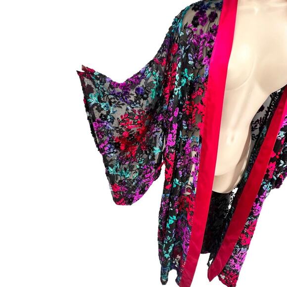Kimono Women XL Multicolored Floral Sheer Witchy Goth Beaded Dark Moody Duster - Picture 2 of 5